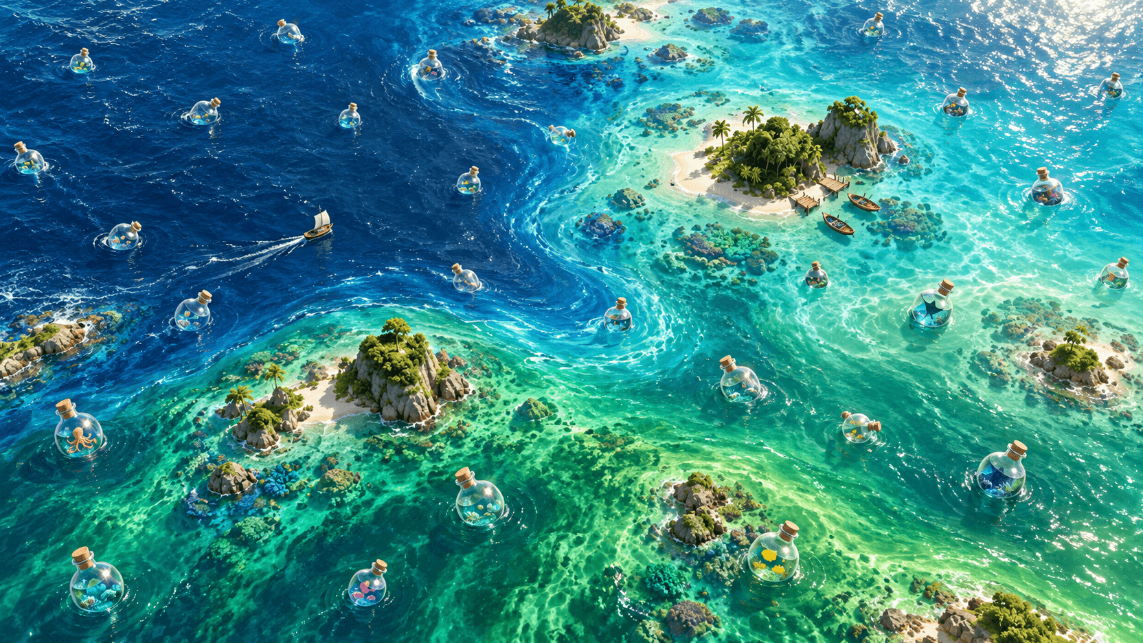 Small bottle worlds scattered across currents around green islands.