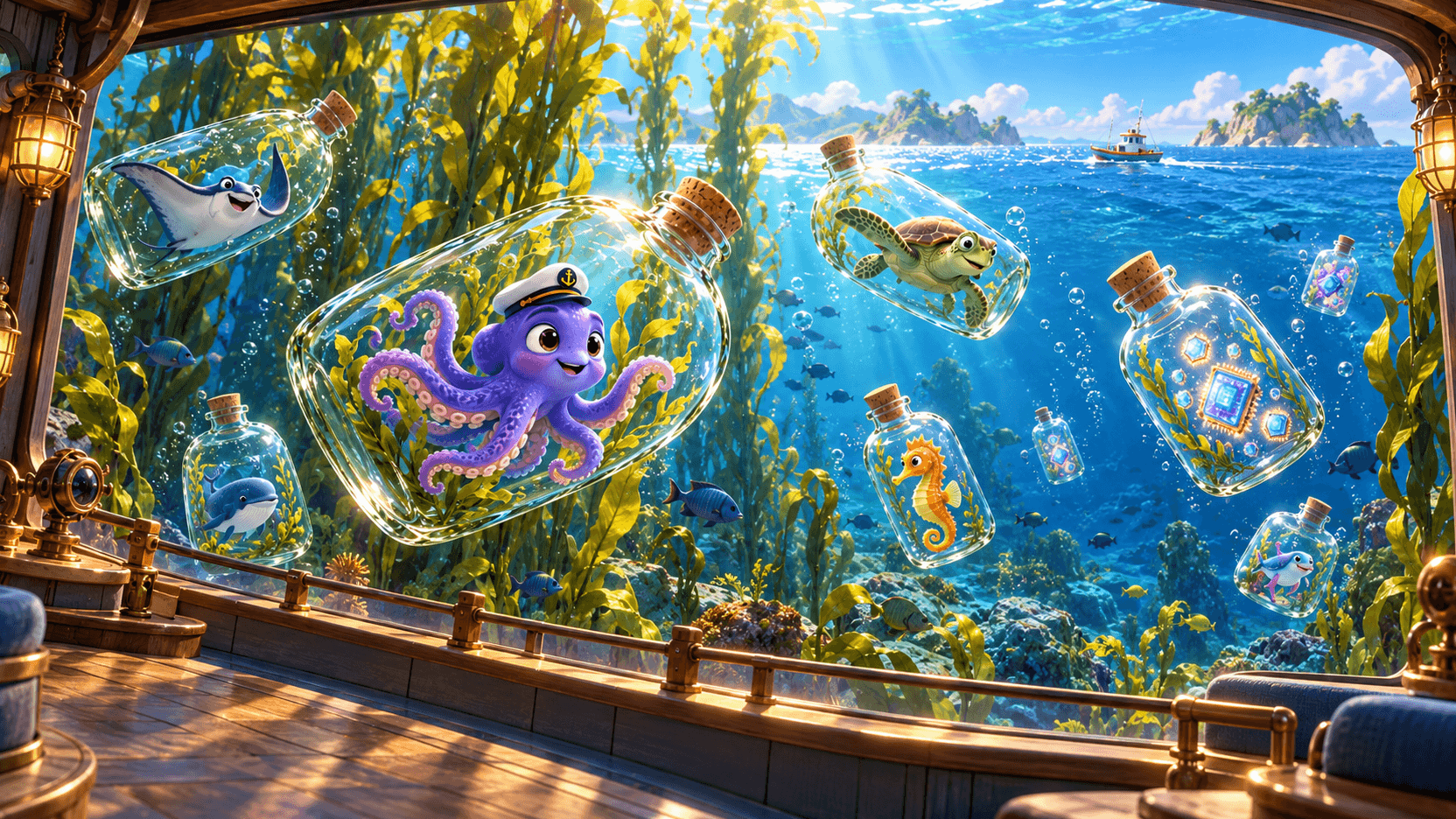 A kelp forest observatory opens onto the ocean among bottle worlds.